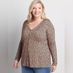 Lane Bryant Cheetah Print Brown and Black Knit Blouse With Button Detail